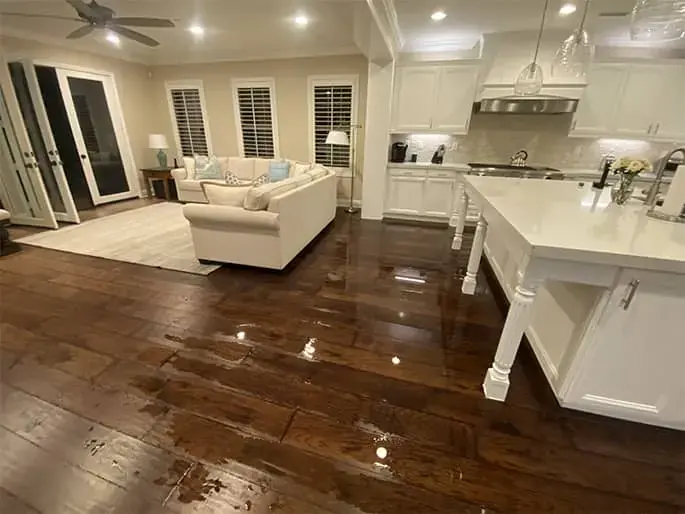 Standing water across a hardwood floor in an open kitchen and living room