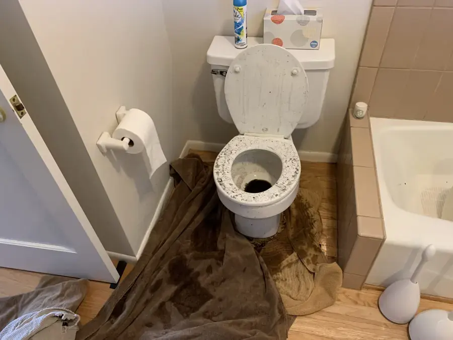 Overflowed toilet with soaked towels spread across the bathroom floor